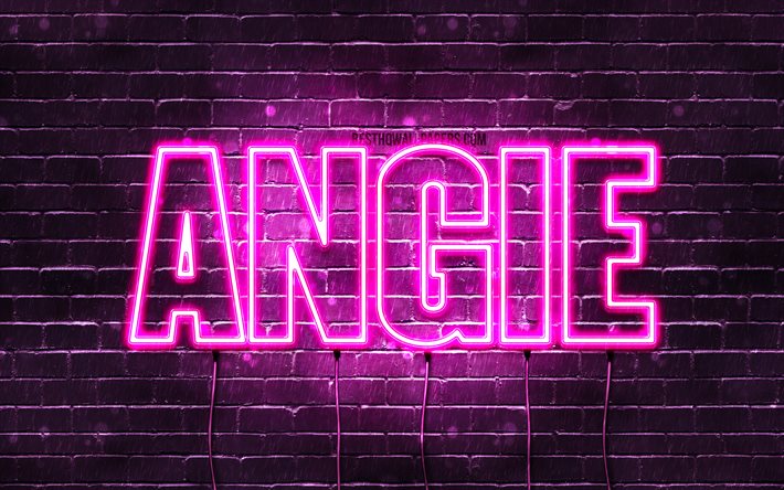 Angie, 4k, isimleri, kadın isimleri, Angie adı, mor neon ışıkları Angie adıyla, yatay metin, resim ile duvar kağıtları