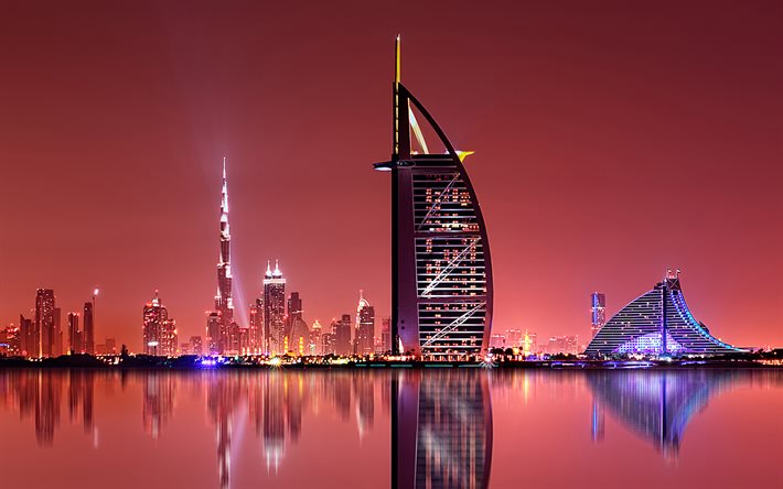 Dubai, el Burj Al Arab, EMIRATOS &#225;rabes unidos, el Burj Khalifa, noche, rascacielos, un hotel de lujo de Dubai, paisaje urbano, skyline de Dubai, Emiratos &#193;rabes Unidos