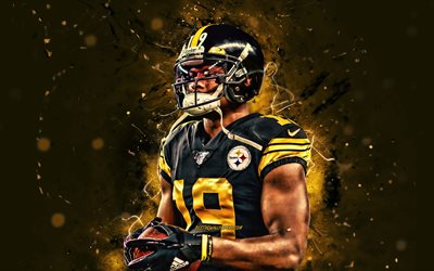 JuJu Smith-Schuster, 4k, wide receiver, Pittsburgh Steelers, futebol americano, NFL, John Sherman Smith-Schuster, A Liga Nacional De Futebol, luzes de neon, JuJu Smith-Schuster Pittsburgh Steelers, JuJu Smith-Schuster 4K