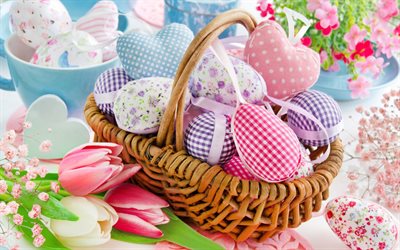 Easter eggs, pink tulips, spring flowers, Easter, basket with Easter eggs, Spring