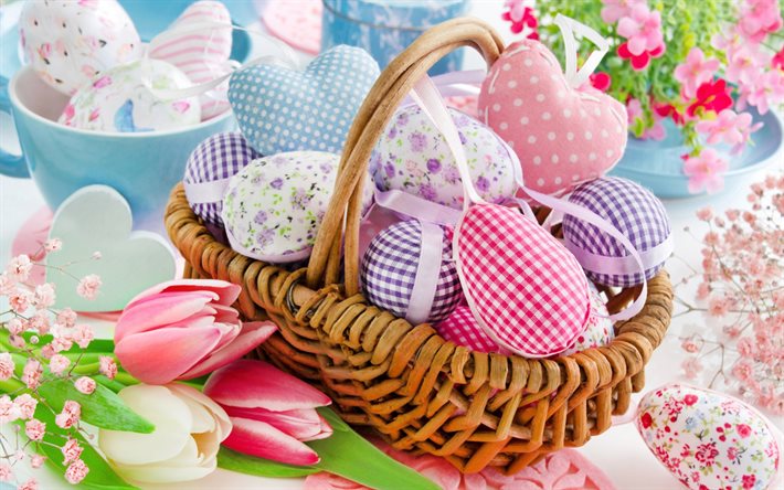 Los huevos de pascua, rosa tulipanes, flores de primavera, Pascua, cesta con huevos de Pascua, Primavera