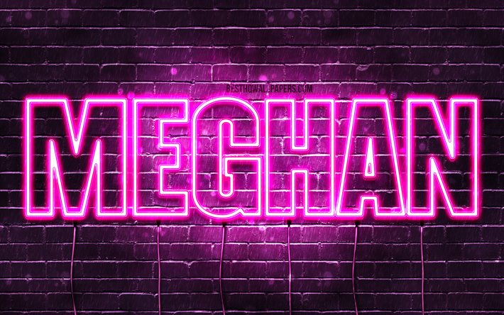 Meghan, 4k, taustakuvia nimet, naisten nimi&#228;, Meghan nimi, violetti neon valot, vaakasuuntainen teksti, kuva Meghan nimi