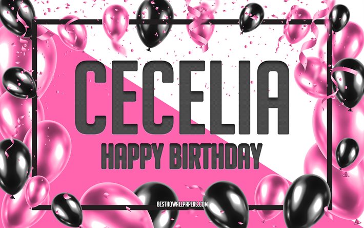 Joyeux Anniversaire Cecelia, Anniversaire &#224; Fond les Ballons, Cecelia, des fonds d&#39;&#233;cran avec des noms, Cecelia Joyeux Anniversaire, Ballons Roses Anniversaire arri&#232;re-plan, carte de voeux, Cecelia Anniversaire