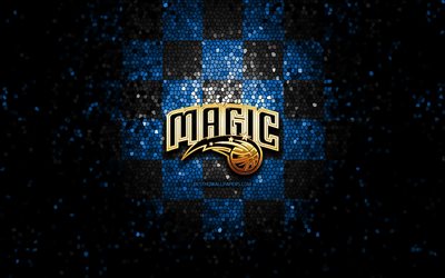 orlando magic, glitzer logo, nba, blau, schwarz, kariert, hintergrund, usa, amerikanische basketball-team orlando magic logo -, mosaik-kunst, basketball, amerika