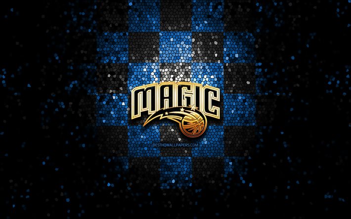 Orlando Magic, glitter-logo, NBA, sininen musta ruudullinen tausta, USA, amerikkalainen koripallo joukkue, Orlando Magic logon, mosaiikki taidetta, koripallo, Amerikassa