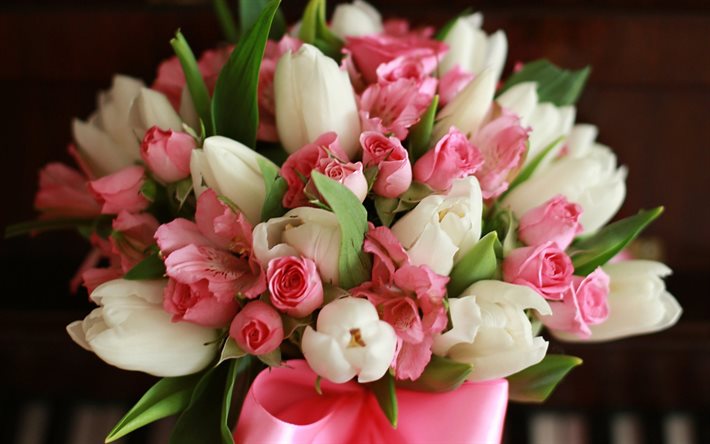 bouquet of white and pink tulips, spring bouquet, spring flowers, tulips, pink tulips, white tulips