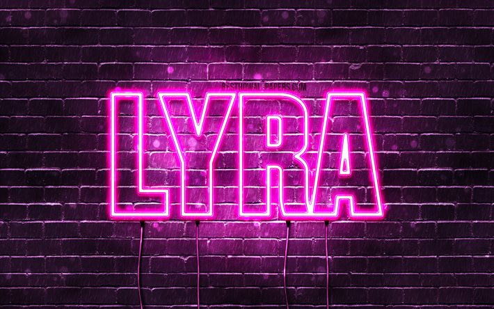 Lyra, 4k, tapeter med namn, kvinnliga namn, Lyra namn, lila neon lights, &#246;vergripande text, bild med Lyra namn