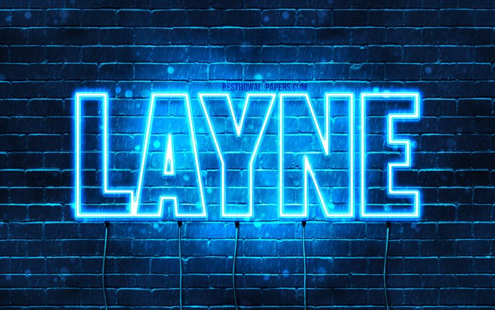 Layne, 4k, pap&#233;is de parede com os nomes de, texto horizontal, Layne nome, luzes de neon azuis, imagem com Layne nome