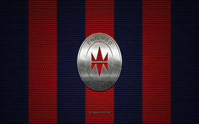 Chicago Fire FC logo, American soccer club, metal emblem, Chicago Fire new logo, red blue metal mesh background, Chicago Fire FC, NHL, Chicago, Illinois, USA, soccer