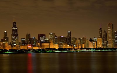 Chicago, Willis Tower, Chicago Blackhawks, night, cityscape, skyscrapers, Lake Michigan, Chicago skyline, Illinois, USA