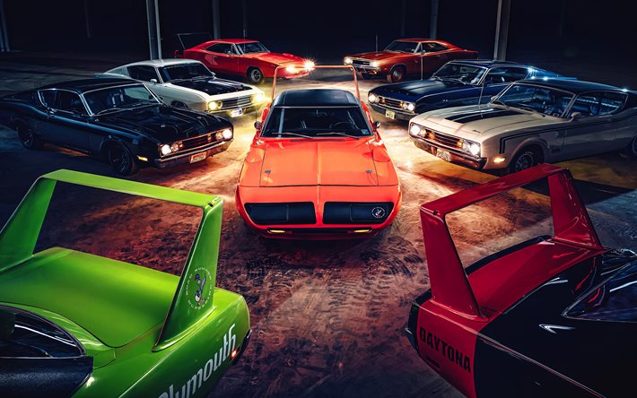 4k, Dodge Charger Daytona, Plymouth Superbird, retro bilar, 1969 bilar, muskel bilar, amerikanska bilar, Dodge, Plymouth