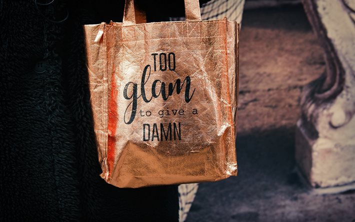 Too glam to give a damn, quotes about glamor, quotes about fashion, quote on a bag