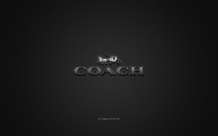 coach-logo-metall-emblem -, bekleidungs-marke, schwarz-carbon-textur, die globale bekleidungs-marken, trainer, mode-konzept, coach-emblem