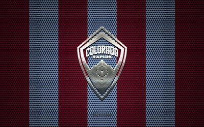 Colorado Rapids logo, American soccer club, metal emblem, purple blue metal mesh background, Colorado Rapids, NHL, Denver, Colorado, USA, soccer