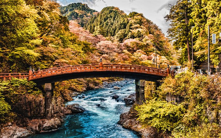 Nikko Daiya River, Shinkyo Bridge, h&#246;st, vacker natur, Japan, Asien, japansk natur, HDR