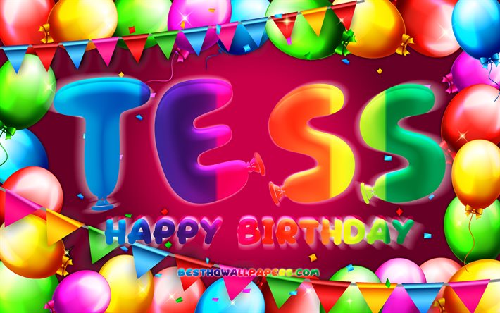 Happy Birthday Tess, 4k, colorful balloon frame, Tess name, purple background, Tess Happy Birthday, Tess Birthday, popular dutch female names, Birthday concept, Tess