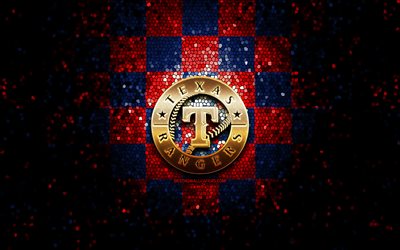 Texas Rangers, glitter logo, MLB, blue red checkered background, USA, american baseball team, Texas Rangers logo, mosaic art, baseball, America