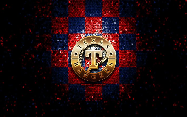 Texas Rangers, glitter logotyp, MLB, bl&#229; r&#246;d rutig bakgrund, USA, amerikansk baseball team, Texas Rangers logotyp, mosaik konst, baseball, Amerika