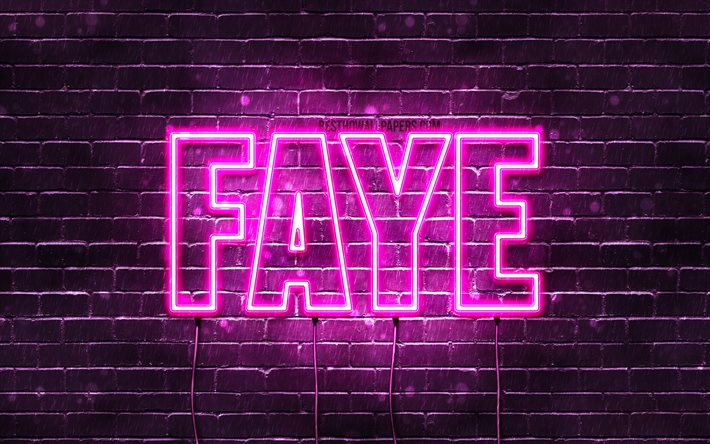Faye, 4k, taustakuvia nimet, naisten nimi&#228;, Faye nimi, violetti neon valot, vaakasuuntainen teksti, kuvan nimi Faye