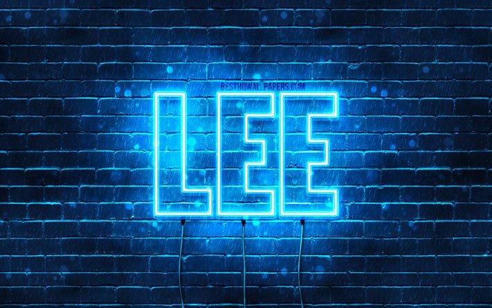 Lee, 4k, pap&#233;is de parede com os nomes de, texto horizontal, Lee nome, luzes de neon azuis, imagem com Lee nome