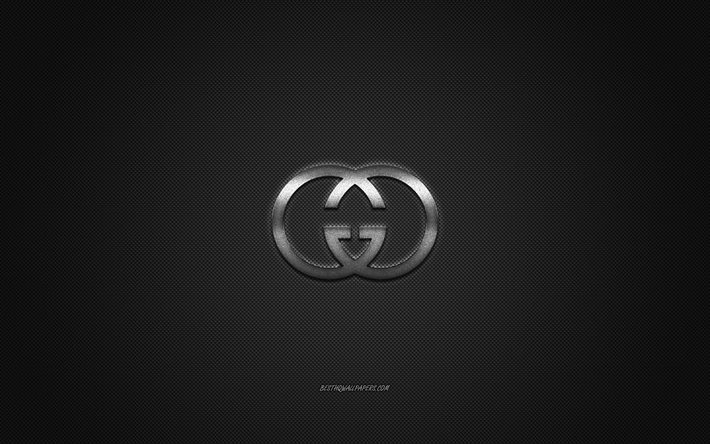 gucci-logo, metall-emblem, bekleidungs-marke, schwarz-carbon-textur, die globale bekleidungs-marken, gucci, mode-konzept, gucci emblem