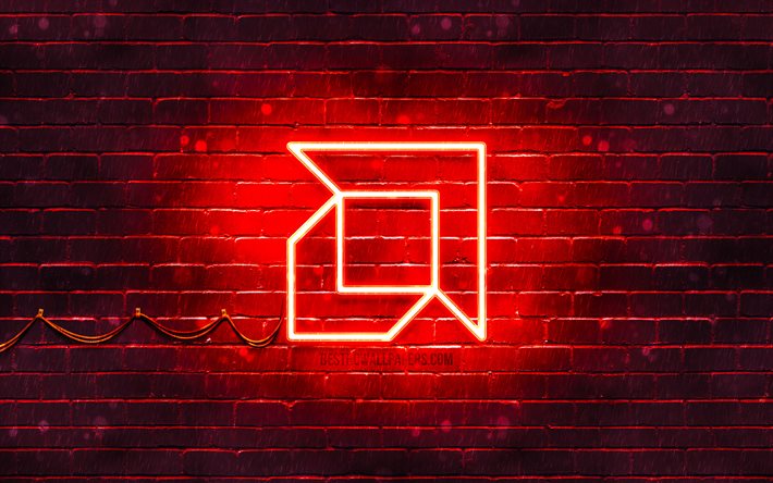 AMD r&#246;d logo, 4k, red brickwall, AMD logotyp, varum&#228;rken, AMD neon logotyp, AMD