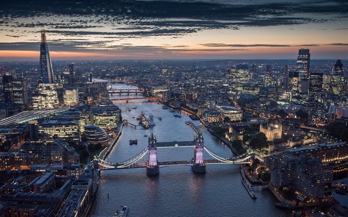 La Scheggia, 30 St Mary Axe, il Tower Bridge, Londra, sera, tramonto, fiume Tamigi, metropoli, cityscape, panorama di Londra, Inghilterra, regno UNITO