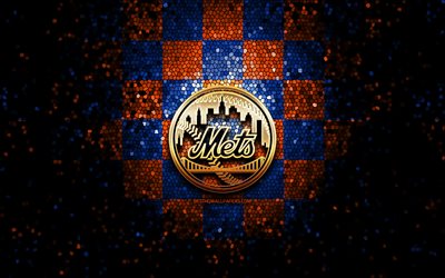 New York Mets, glitter, logo, MLB, blu, arancione, sfondo a scacchi, stati UNITI, americano, squadra di baseball dei New York Mets logo, il mosaico, il baseball, l&#39;America, NY Mets