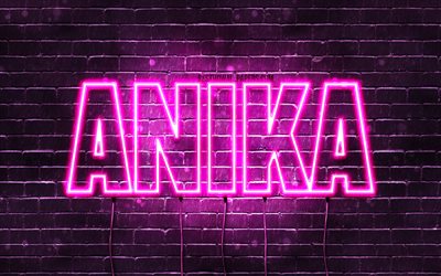 Anika, 4k, wallpapers with names, female names, Anika name, purple neon lights, horizontal text, picture with Anika name