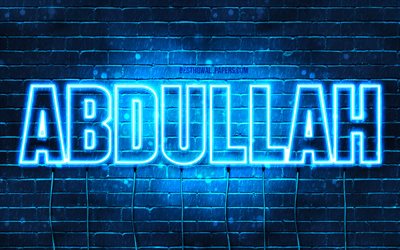 Abdullah, 4k, sfondi per il desktop con i nomi, il testo orizzontale, Abdullah nome, neon blu, immagine con nome Abdullah
