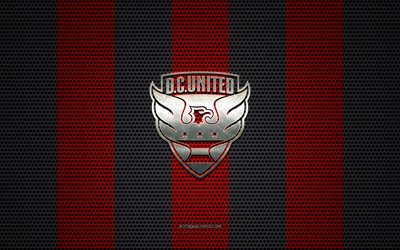 DC United logo, American soccer club, metal emblem, red-black metal mesh background, DC United, NHL, Washington, USA, soccer