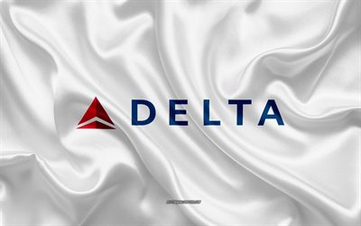 Delta Air Lines logo, airline, white silk texture, airline logos, Delta Air Lines emblem, silk background, silk flag, Delta Air Lines