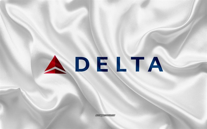 Delta Hava Yolları logo, u&#231;ak, beyaz ipek doku, havayolu logoları, Delta havayolları amblemi, ipek arka plan, ipek bayrak, Delta Hava Yolları