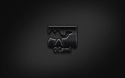 OCaml black logo, programming language, grid metal background, OCaml, artwork, creative, programming language signs, OCaml logo