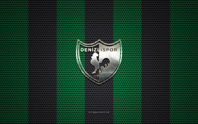 Denizlispor logo, Turkish football club, metal emblem, green-black metal mesh background, Super Lig, Denizlispor, Turkish Super League, Denizli, Turkey, football