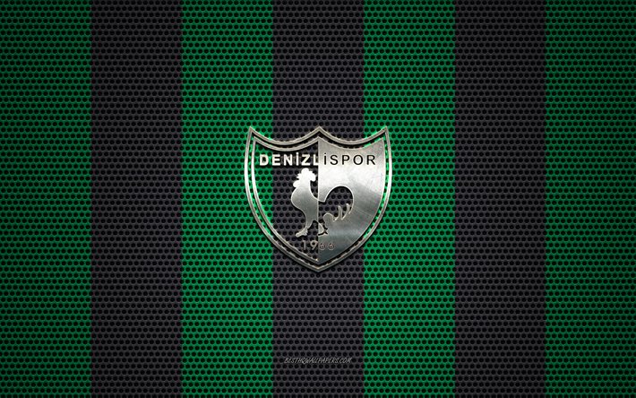 Denizlispor logotipo, Turco futebol clube, emblema de metal, verde-metal preto de malha de fundo, Super Liga, Denizlispor, Super League Turca, Denizli, A turquia, futebol