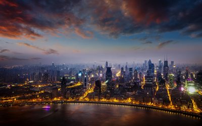 Shanghai, metropolis, evening, sunset, modern buildings, skyscrapers, cityscape, Shanghai skyline, China