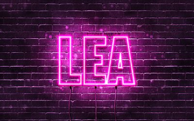 Lea, 4k, wallpapers with names, female names, Lea name, purple neon lights, horizontal text, picture with Lea name