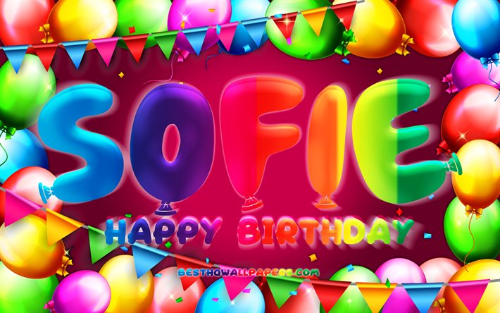 お誕生日おめでSofie, 4k, カラフルバルーンフレーム, Sofie名, 紫色の背景, Sofieお誕生日おめで, Sofie誕生日, 人気のオランダの女性の名前, 誕生日プ, Sofie