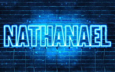 Natanael, 4k, pap&#233;is de parede com os nomes de, texto horizontal, Natanael nome, luzes de neon azuis, imagem com o nome de Natanael