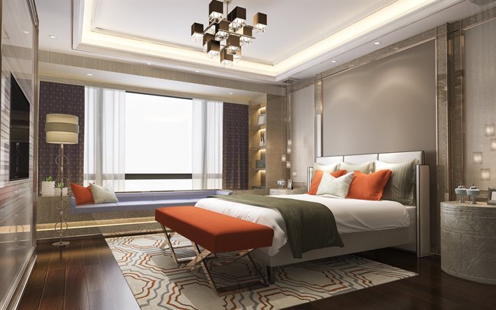 stylish bedroom interior design, classic style, modern design, square chandelier, retro style, bedroom