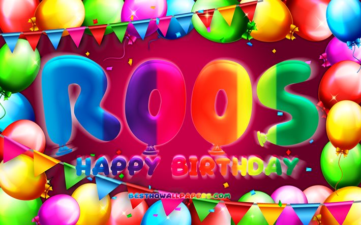 お誕生日おめでRoos, 4k, カラフルバルーンフレーム, 連名, 紫色の背景, Roosお誕生日おめで, 優誕生日, 人気のオランダの女性の名前, 誕生日プ, Roos