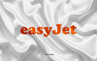 EasyJet logotipo de la aerol&#237;nea, el blanco de seda textura de las l&#237;neas a&#233;reas, logotipos, EasyJet emblema, de seda, de fondo, bandera de seda, EasyJet