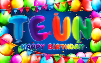 Happy Birthday Teun, 4k, colorful balloon frame, Teun name, blue background, Teun Happy Birthday, Teun Birthday, popular dutch male names, Birthday concept, Teun
