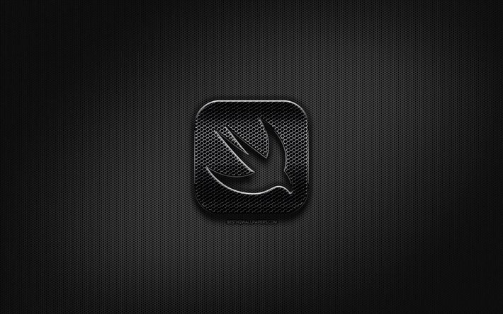 Swift black logo, programming language, grid metal background, Swift, artwork, creative, programming language signs, Swift logo