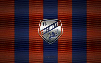 FC Cincinnati logo, American soccer club, metal emblem, orange-blue metal mesh background, FC Cincinnati, NHL, Cincinnati, Ohio, USA, soccer