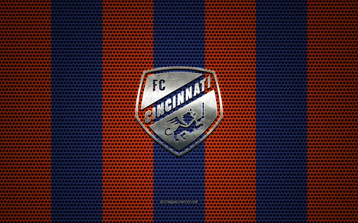 FC Cincinnati logo, American soccer club, metalli-tunnus, oranssi-sininen metalli mesh tausta, FC Cincinnati, NHL, Cincinnati, Ohio, USA, jalkapallo