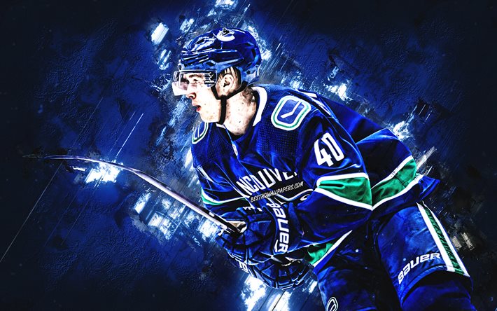 Elias Pettersson, svedese, giocatore di hockey, Vancouver Canucks, NHL, ritratto, pietra blu di sfondo, hockey, USA, National Hockey League