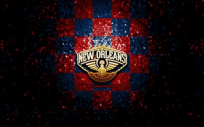 New Orleans Pelicans, glitter logo, NBA, blue red checkered background, USA, american basketball team, New Orleans Pelicans logo, mosaic art, basketball, America