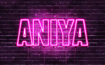 Aniya, 4k, tapeter med namn, kvinnliga namn, Aniya namn, lila neon lights, &#246;vergripande text, bild med Aniya namn